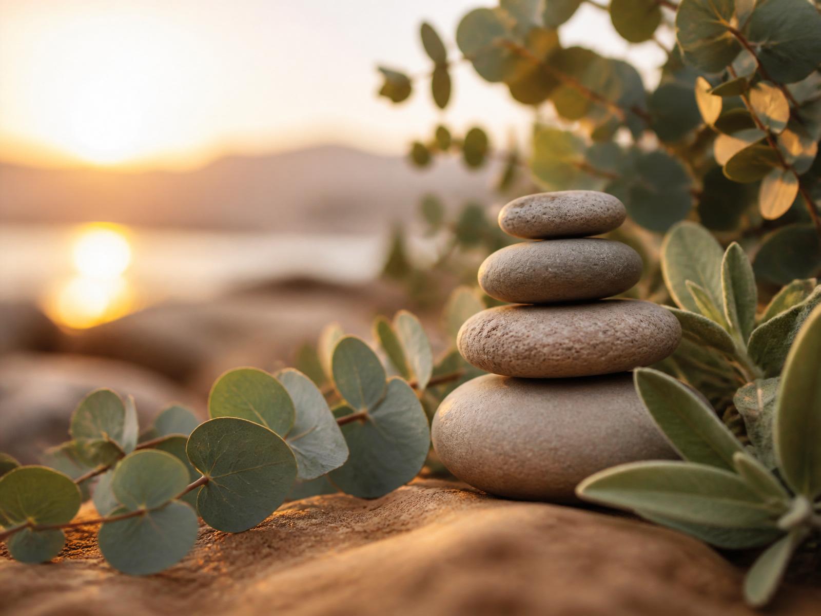 Stacked stones in balance with eucalyptus at golden hour