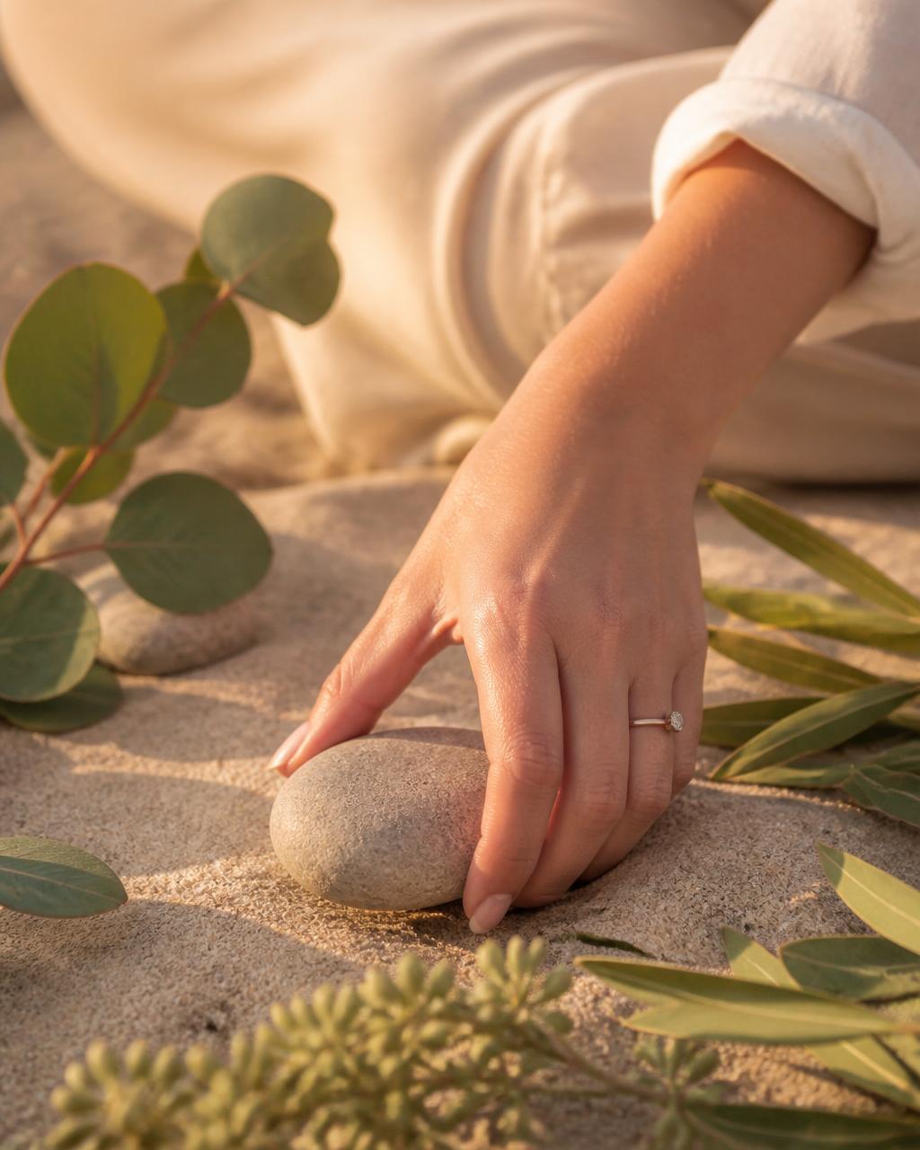 A hand turning a stone among eucalyptus leaves on warm sand